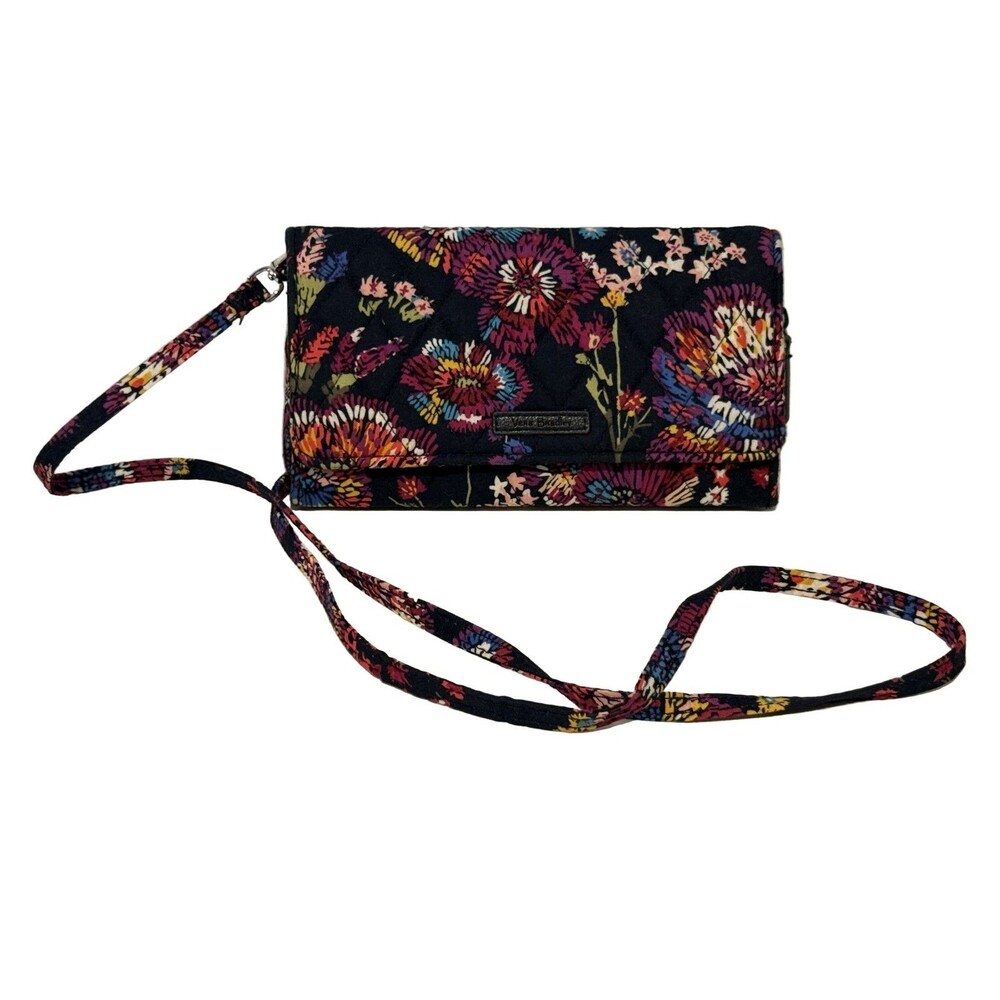 Vera Bradley All In One Crossbody Wallet Midnight Wildflower RFID Quilted Small